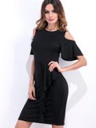 Shein Black Open Shoulder Ruffle Trim Sheath Dress