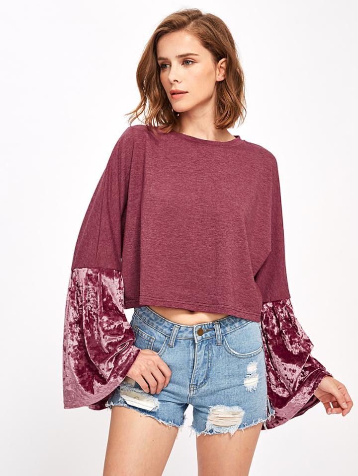 Shein Velvet Bell Sleeve Mixed Media Sweatshirt