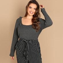 Shein Plus Lettuce Trim Rib Form Fitted Tee