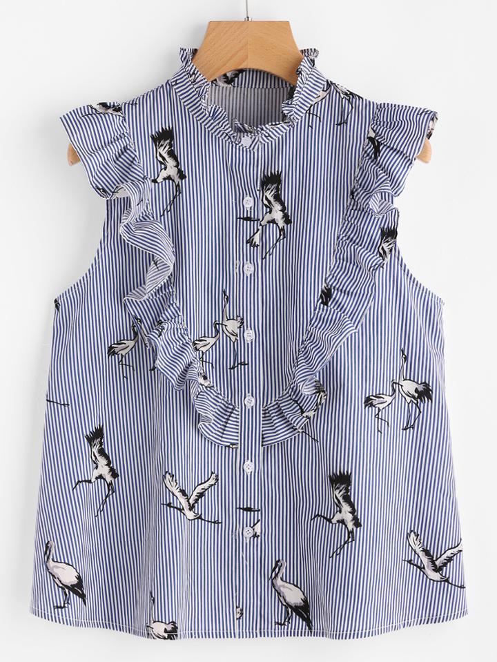 Shein Cranes Print Frill Embellished Striped Sleeveless Blouse