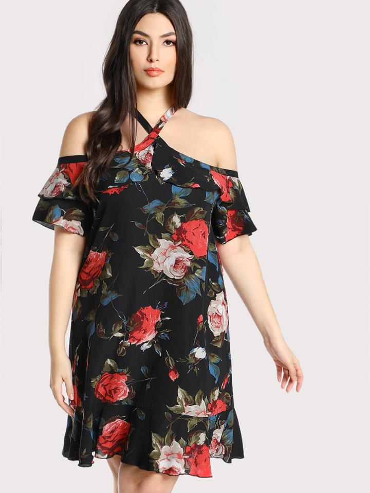Shein Rose Print Crisscross Neck Dress