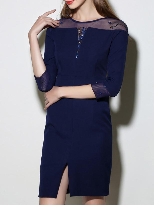 Shein Navy Contrast Gauze Sequined Split Dress
