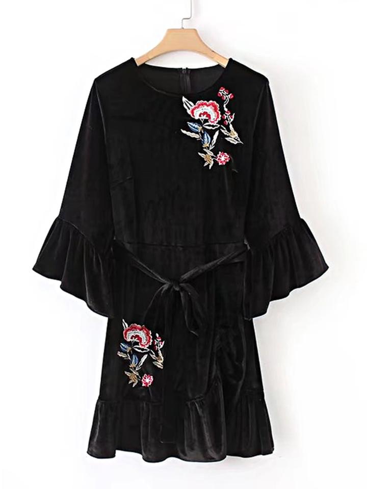 Shein Ruffle Trim Embroidered Velvet Dress With Belt