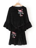 Shein Ruffle Trim Embroidered Velvet Dress With Belt