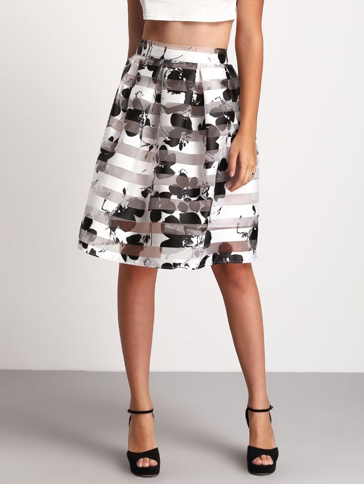 Shein Black White Floral Flare Skirt