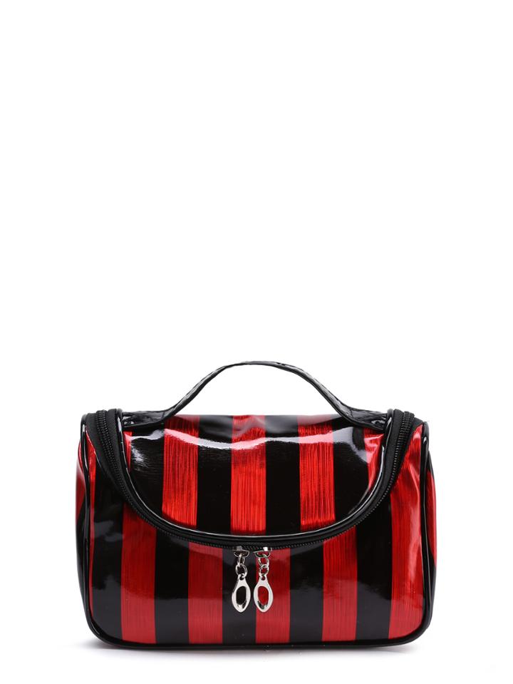 Shein Block Striped Double Zipper Makeup Bag