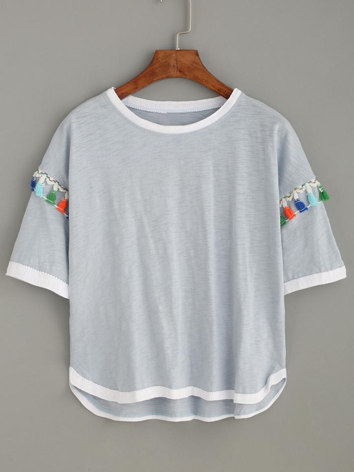 Shein Grey Contrast Trim T-shirt With Tassel Detail