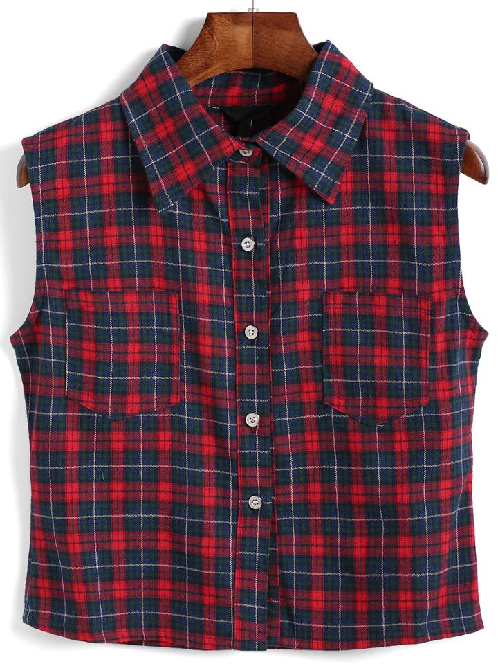 Shein Red Blue Lapel Sleeveless Plaid Pockets Blouse