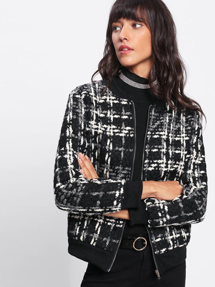 Shein Tartan Plaid Ribbed Knit Trim Jacket
