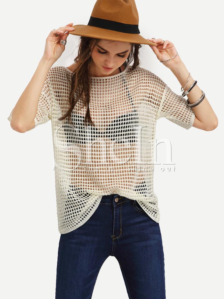 Shein Beige Short Sleeve Hollow T-shirt