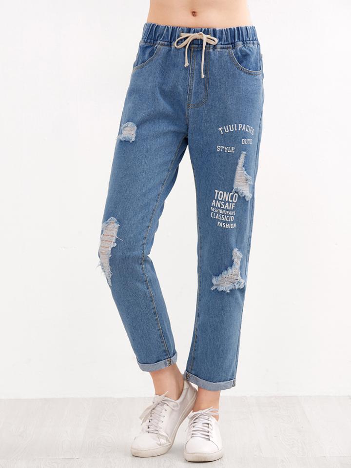 Shein Blue Slogan Print Ripped Cuff Jeans