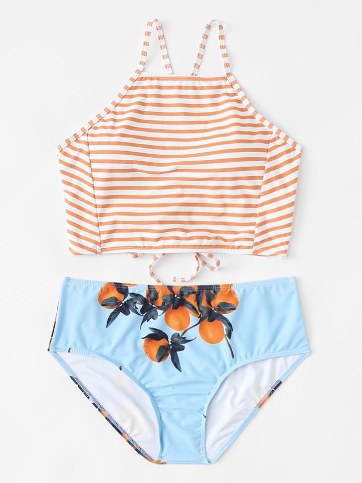 Shein High Neck Striped Bikini Set