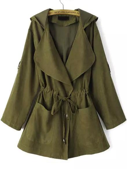 Shein Green Hooded Drawstring Pockets Trench Coat