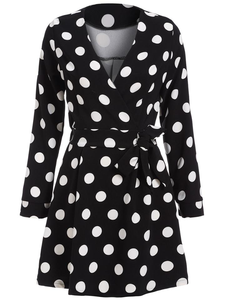 Shein Black V Neck Polka Dot Tie-waist Dress