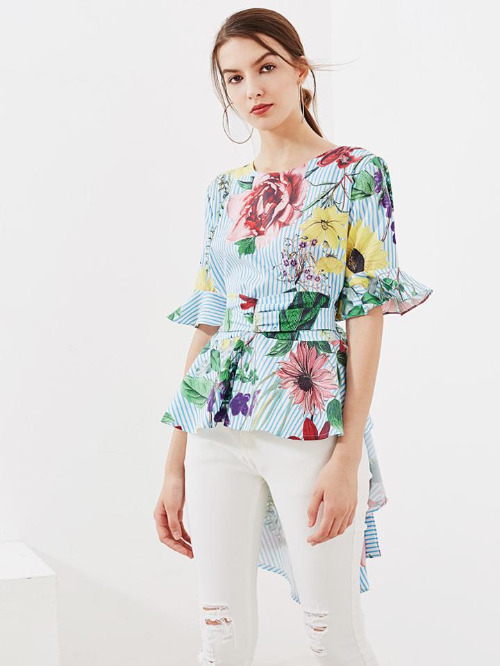 Shein Random Tropical Print Tie Back Frill Blouse