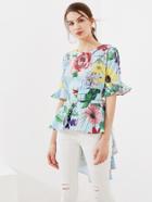 Shein Random Tropical Print Tie Back Frill Blouse