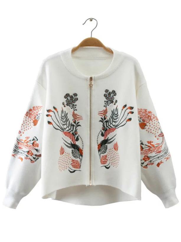 Shein White Embroidery Zipper Up High Low Sweater Coat