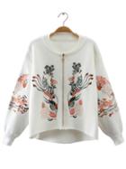 Shein White Embroidery Zipper Up High Low Sweater Coat