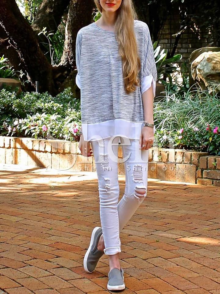 Shein Grey Crew Neck Contrast Mesh Hem T-shirt