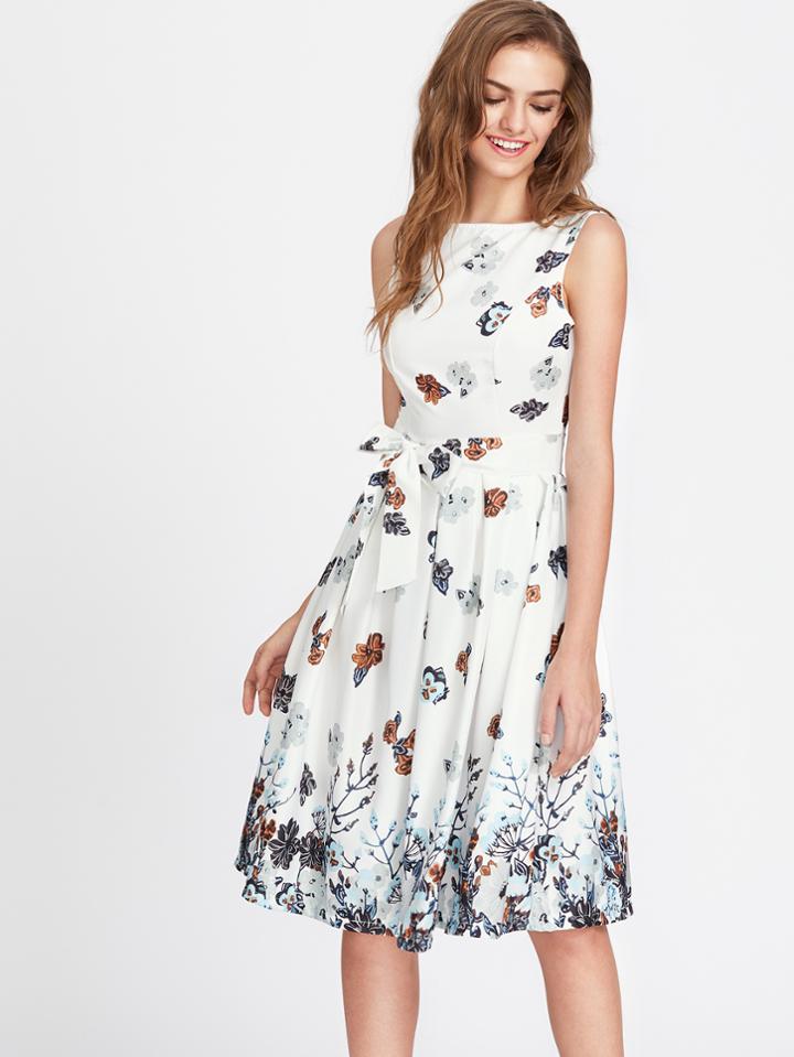 Shein V Back Floral Print Self Tie Box Pleated Dress