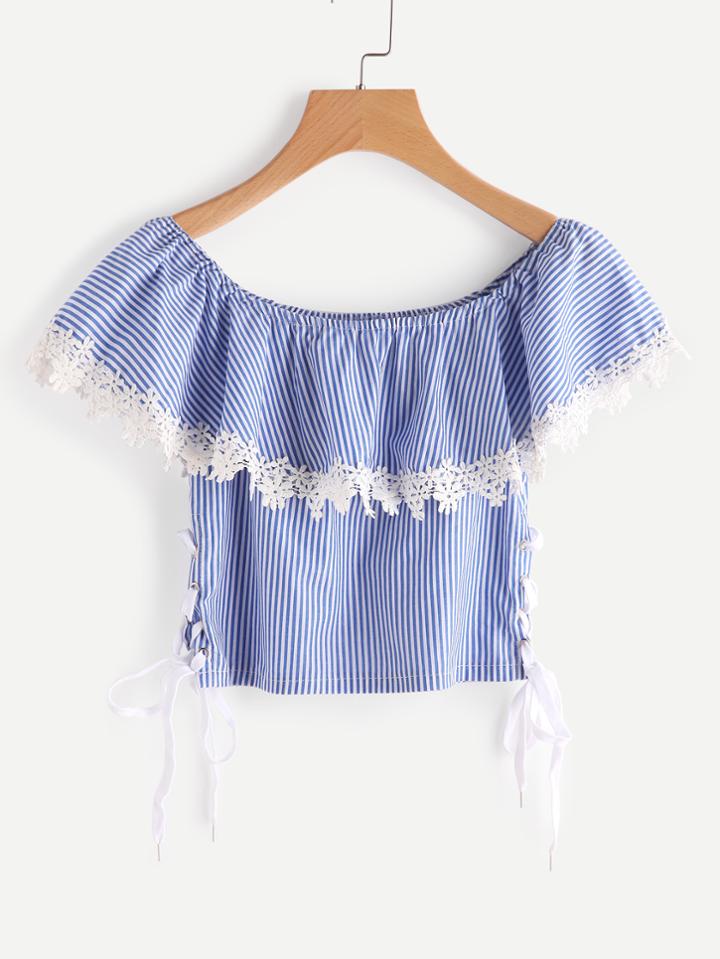 Shein Boat Neckline Pinstripe Lace Up Side Contrast Lace Top