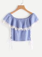 Shein Boat Neckline Pinstripe Lace Up Side Contrast Lace Top