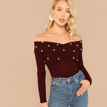 Shein Cross Wrap Front Rib Knit Bardot Tee