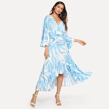 Shein Leaf Print Ruched Front Flounce Dress