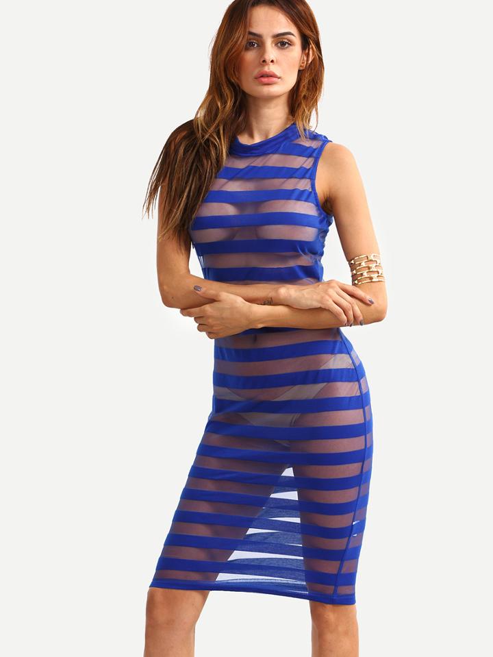 Shein Navy Striped Crew Neck Sexy Sleeveless Dress