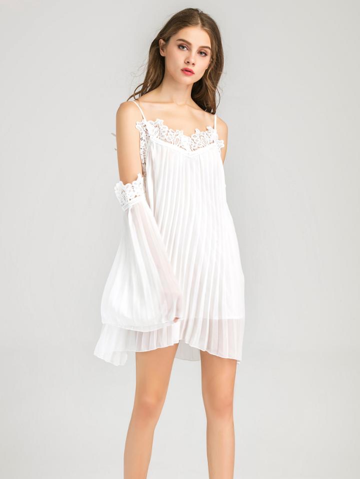 Shein Lace Trim Pleated Chiffon Slip Dress