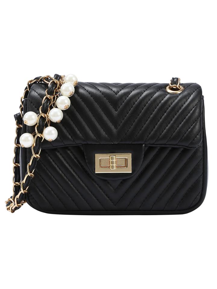 Shein Black Chevron Quilted Pearl Chain Bag
