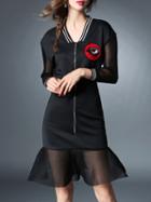 Shein Black V Neck Sheer Zipper Fishtail Dress