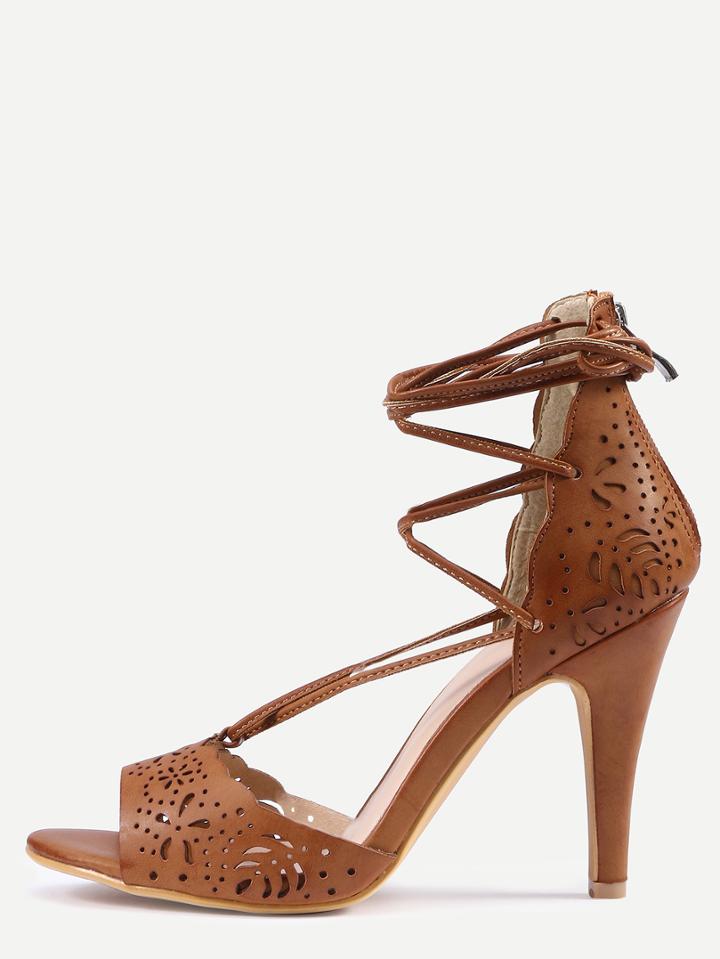 Shein Laser-cut Lace-up Peep Toe D'orsay Sandals - Camel