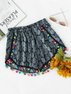 Shein All Over Printed Pom Pom Trim Shorts