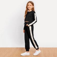Shein Girls Drop Shoulder Contrast Tape Top And Pants Set