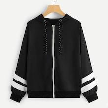 Shein Striped Tape Sleeve Zip-up Hooded Jacket