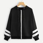 Shein Striped Tape Sleeve Zip-up Hooded Jacket