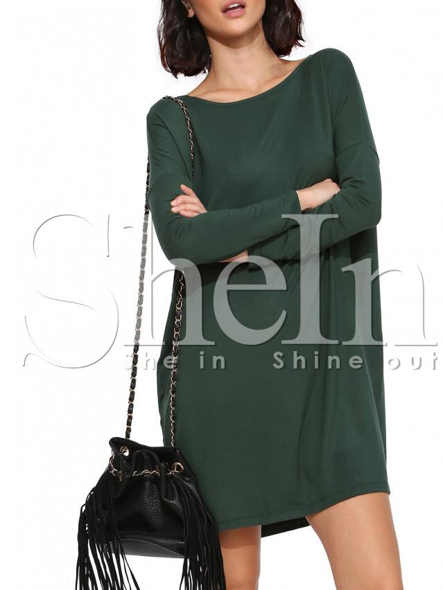 Shein Dark Green Tees House Long Sleeve Designers Casual Dress