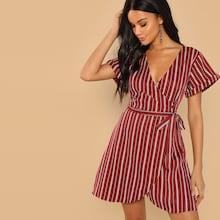 Shein Cuffed Sleeve Surplice Wrap Dress