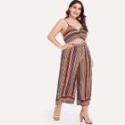 Shein Plus Ruched Front Crop Cami Top And Striped Palazzo Pants Set