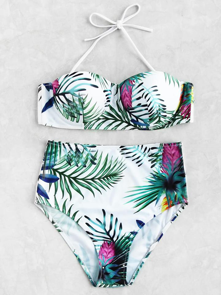 Shein Jungle Print High Waist Bustier Bikini Set