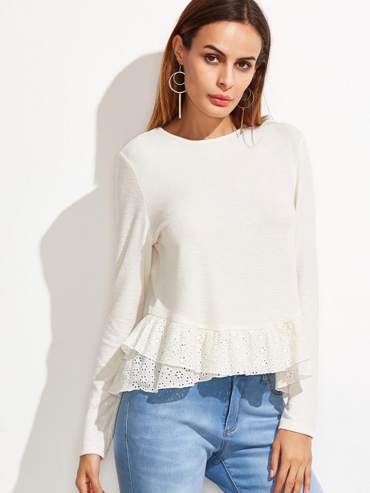 Shein White Layered Eyelet Embroidered Ruffle Trim T-shirt