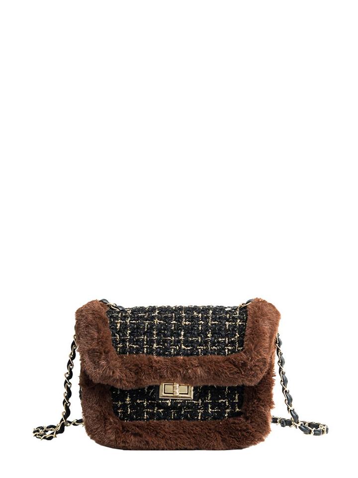Shein Faux Fur Trim Tweed Chain Bag
