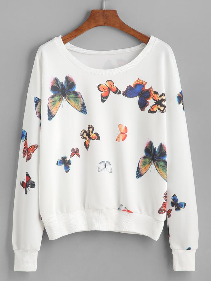 Shein White Butterfly Print Drop Shoulder Sweatshirt