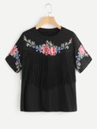 Shein Flower Print Fringe Trim Tee