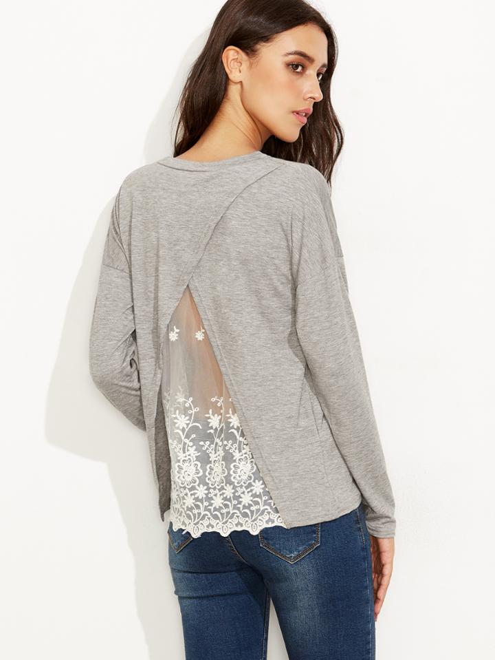 Shein Grey Drop Shoulder Embroidered Mesh Insert T-shirt