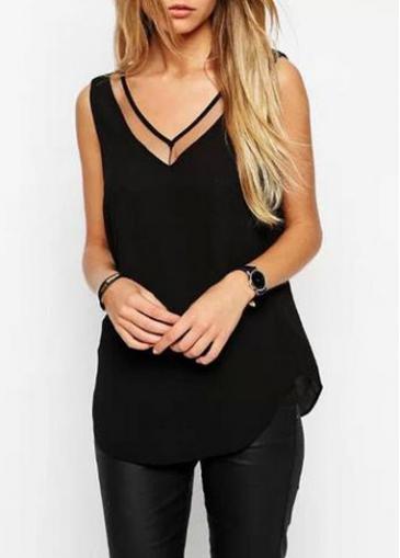 Rosewe Mesh Patchwork Solid Black Tank Top
