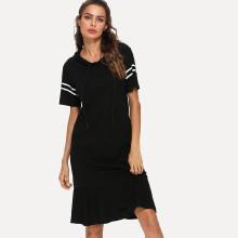 Shein Stripe Contrast Ruffle Hem Hooded Dress