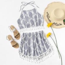 Shein Tassel Trim Halter Top With Shorts