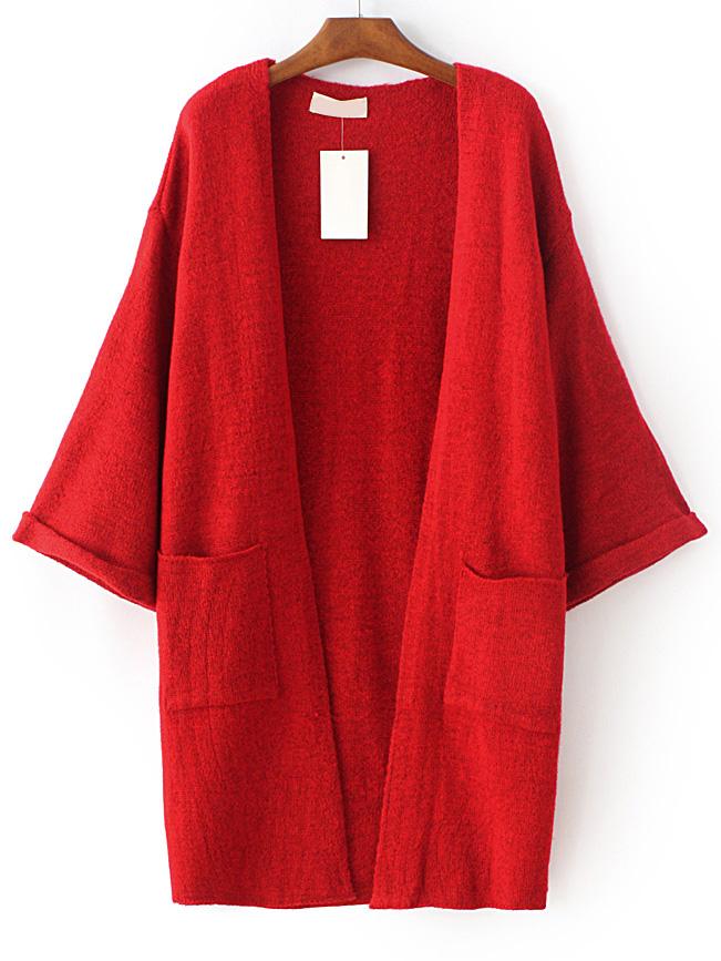 Shein Red Roll Cuff Split Side Pocket Cardigan